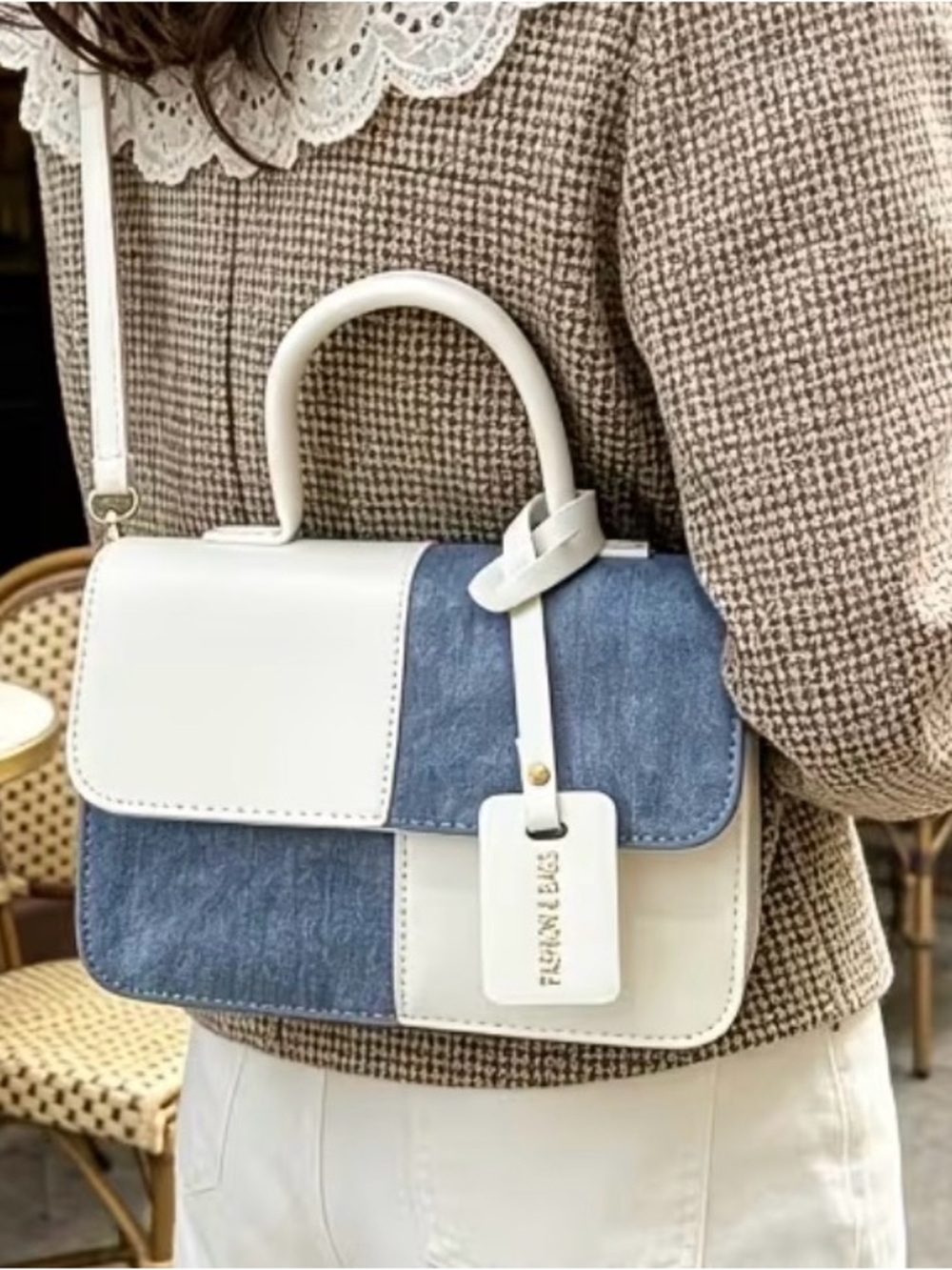 Structured Two-Tone White and Blue Satchel Handbag